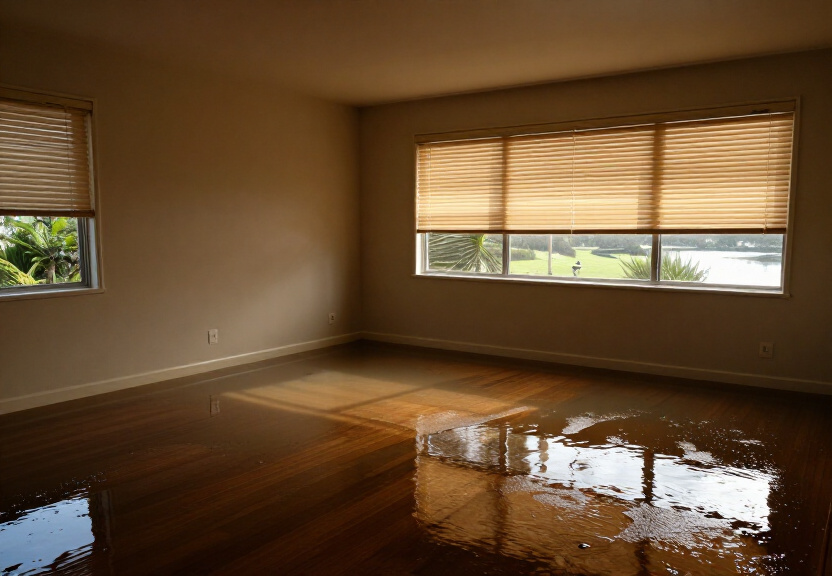 Water-damaged subfloor with visible mould and warped timbers